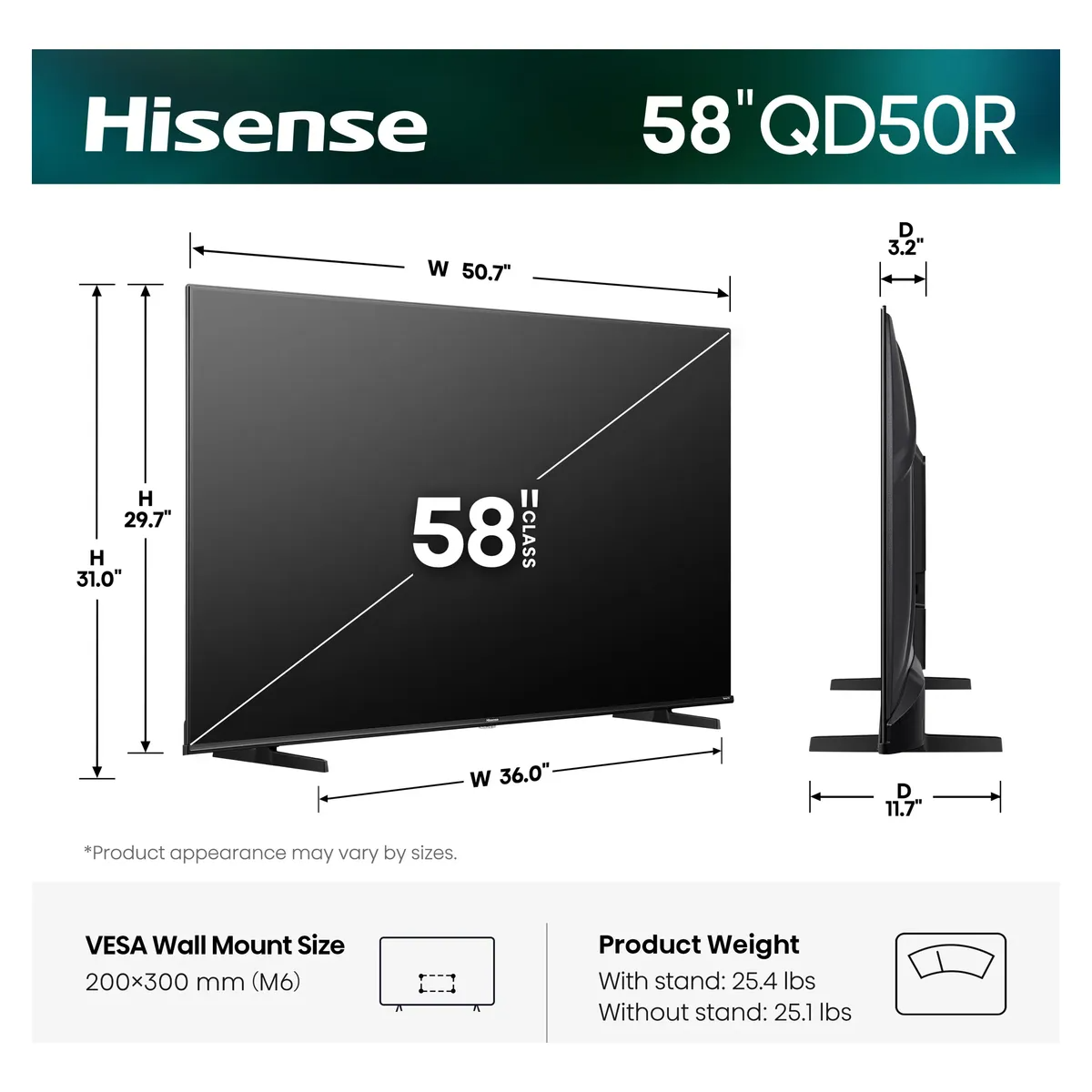Hisense 58 Pulgadas Smart TV Roku QLED 4K UHD (58QD50R) - Hi-QLED, Dolby Vision, HDR10, HLG, Game Mode Plus, VRR/ALLM, DTS Studio Sound, Compatible con Google Assistant