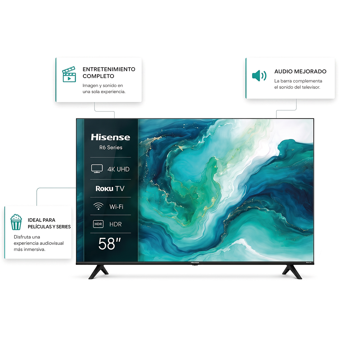 Smart TV de 58 pulgadas con resolución 4K Ultra HD y sistema operativo Roku TV