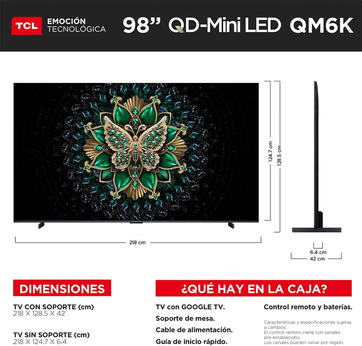 TCL Smart TV Pantalla 98" 98QM6K Google TV QLED - MiniLED 4K Google Assistant | Hands Free Voice Control | Alexa | VisionHDR10+| AiPQ™ | Micro Dimming | NITS1500 | Panel 288 Hz | Dolby Atmos Virtual X