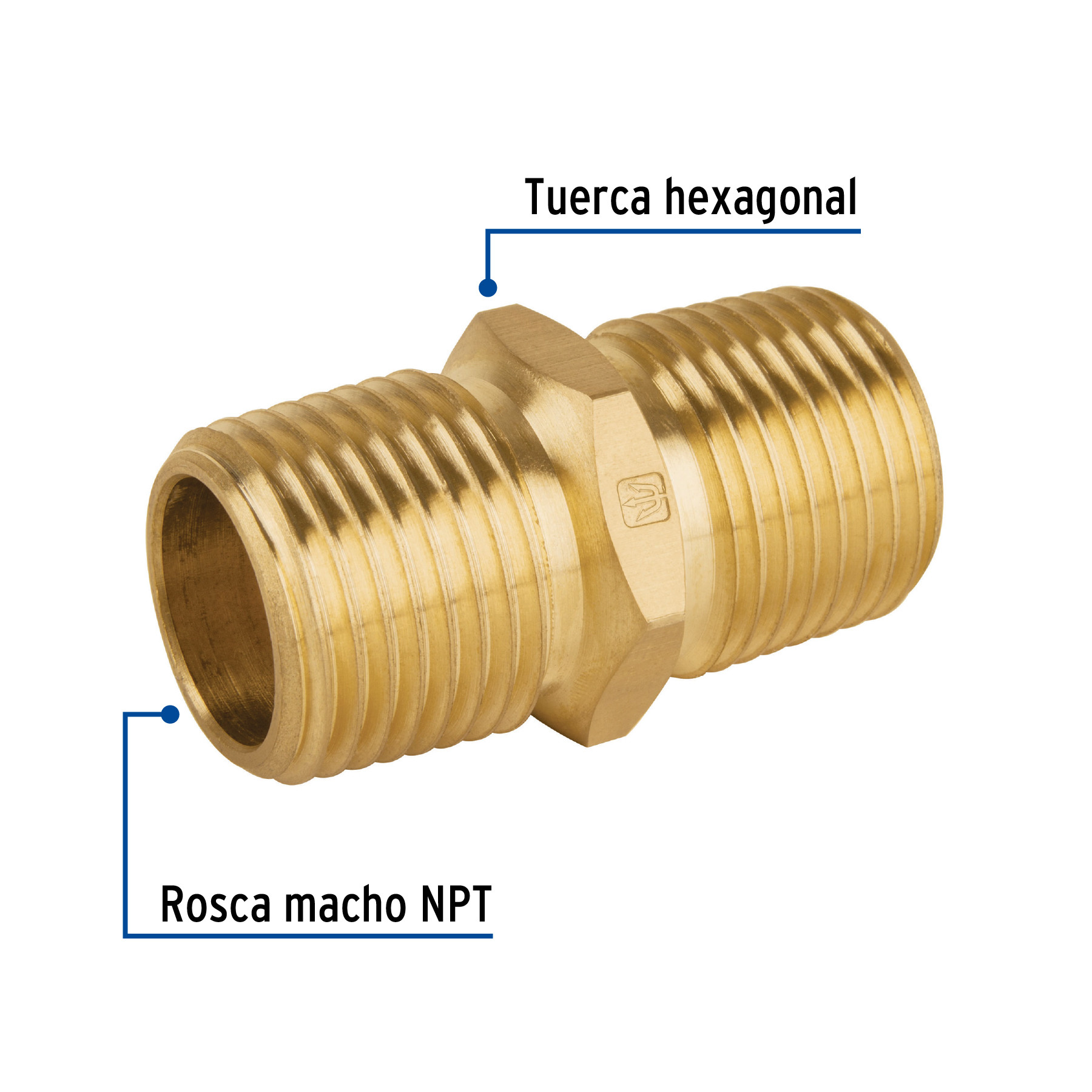 Niple unión NPT de latón, 1/2" con tuerca hexagonal